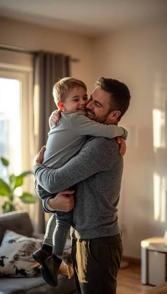Papá abrazando a su hijo pequeño, que sonríe tranquilo en sus brazos