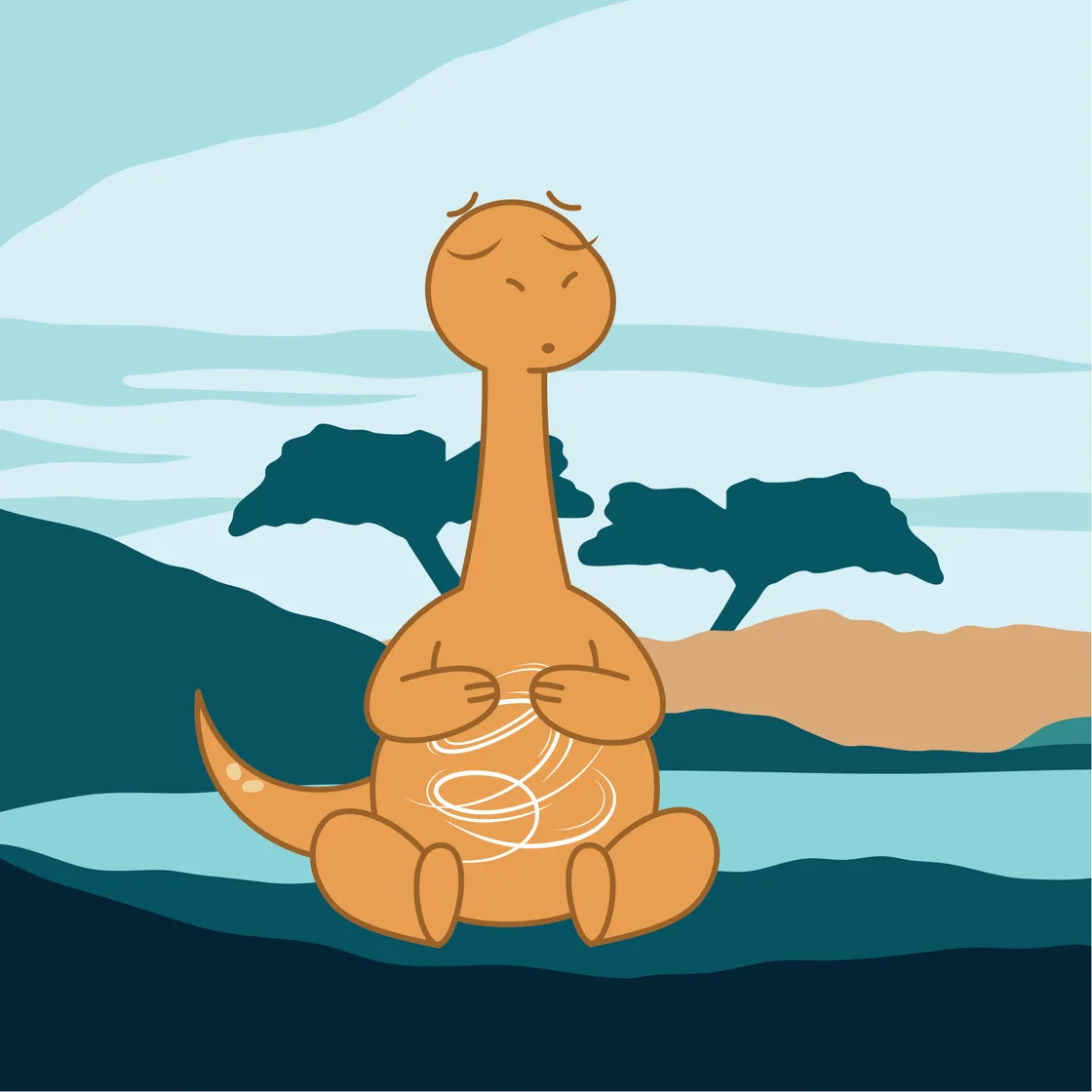 Ilustración del cuento de Zazú: el dinosaurio sentado, con las manitos en el pecho, respirando para calmarse