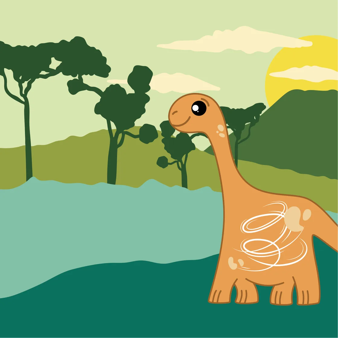 Ilustración del cuento de Zazú: el dinosaurio con un tornado de energía en la barriga, en un paisaje de sabana